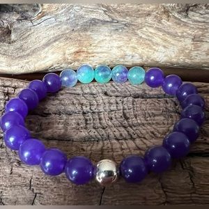 New 925 Green Fluorite & Amethyst Bracelet Natural Stone Beaded Stretchy 8mm